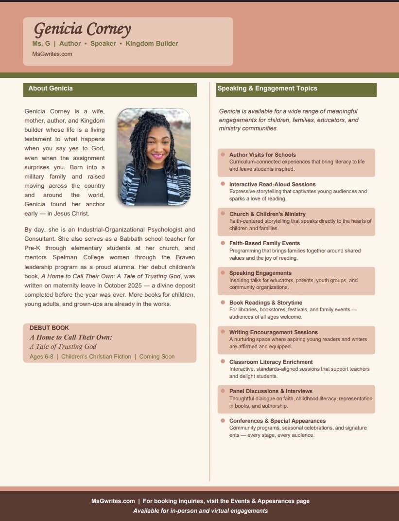 Ms. G Speaker One-Sheet preview — bio, speaking topics, and engagement details
